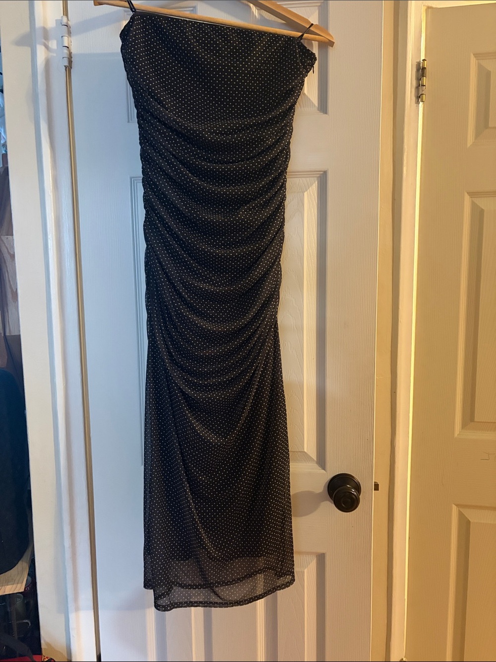 Strapless Black Polka Dot Ruched Midi Dress